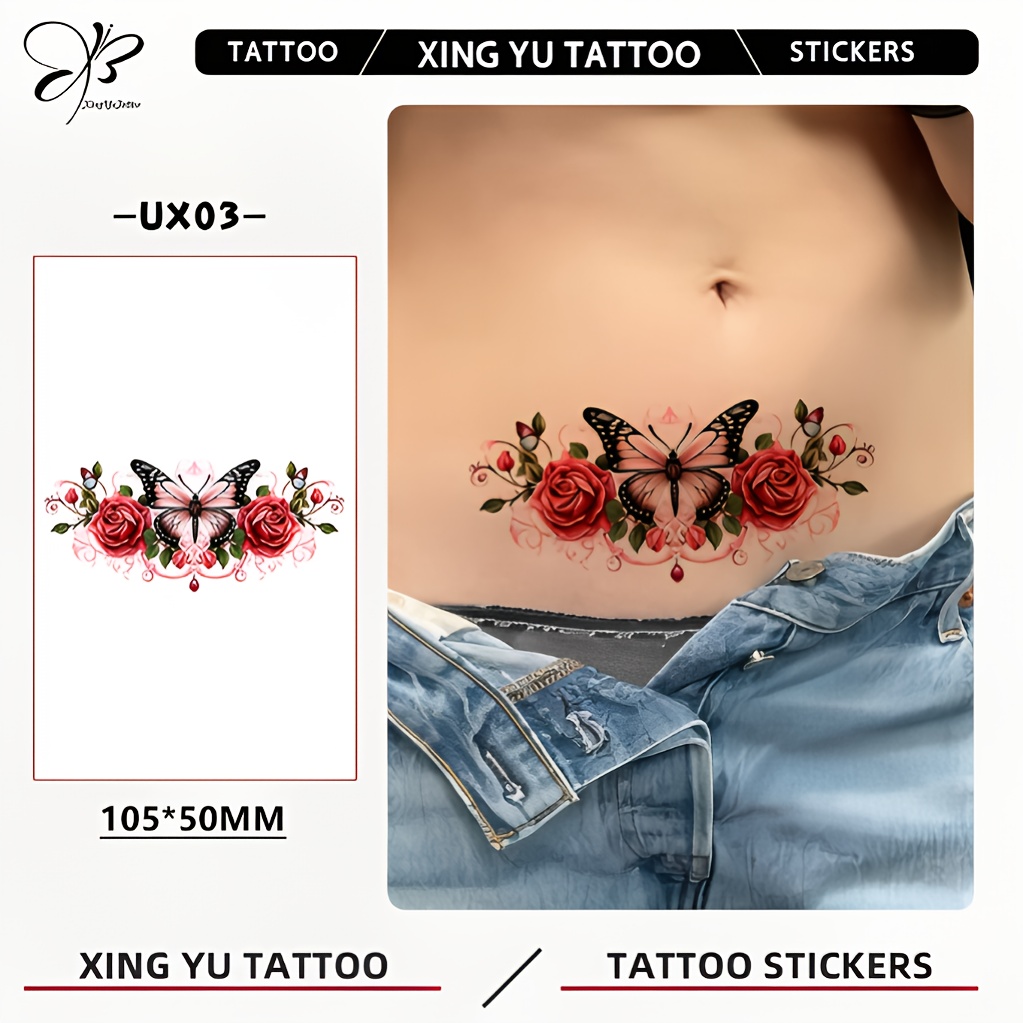 Een Romantische en Elegante Vlinder Roos Tattoo Sticker, Levendig,  Opvallend, Verfijnd en Modieus. Geschikt voor Gebruik op de Taille of  Borst, Deze Veelzijdige Tijdelijke Tattoo * 105x50mm. Ideaal ..., image size:1023x1023