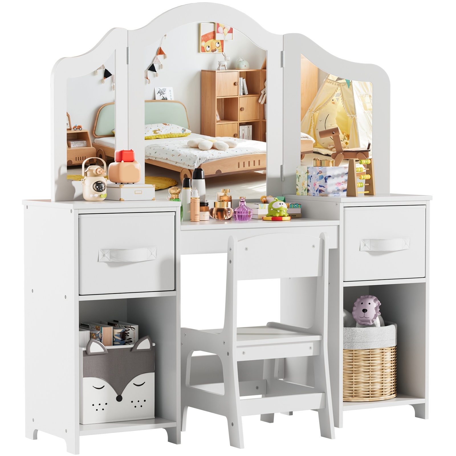 2-in-1 Dressing Table, Dressing Table With Removable Mirror, Desk With Stool, Wooden Dressing Table, Cosmetic Storage, Suitable For Bedroom/study Room, 108x30x114 Cm