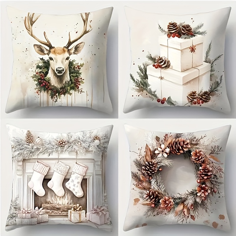 TEMU Style Christmas Throw Pillow Covers Set Of 4, Machine Washable, Designs With Deer, Gifts, Stockings, Wreath, Woven Polyester Fabric With Zipper