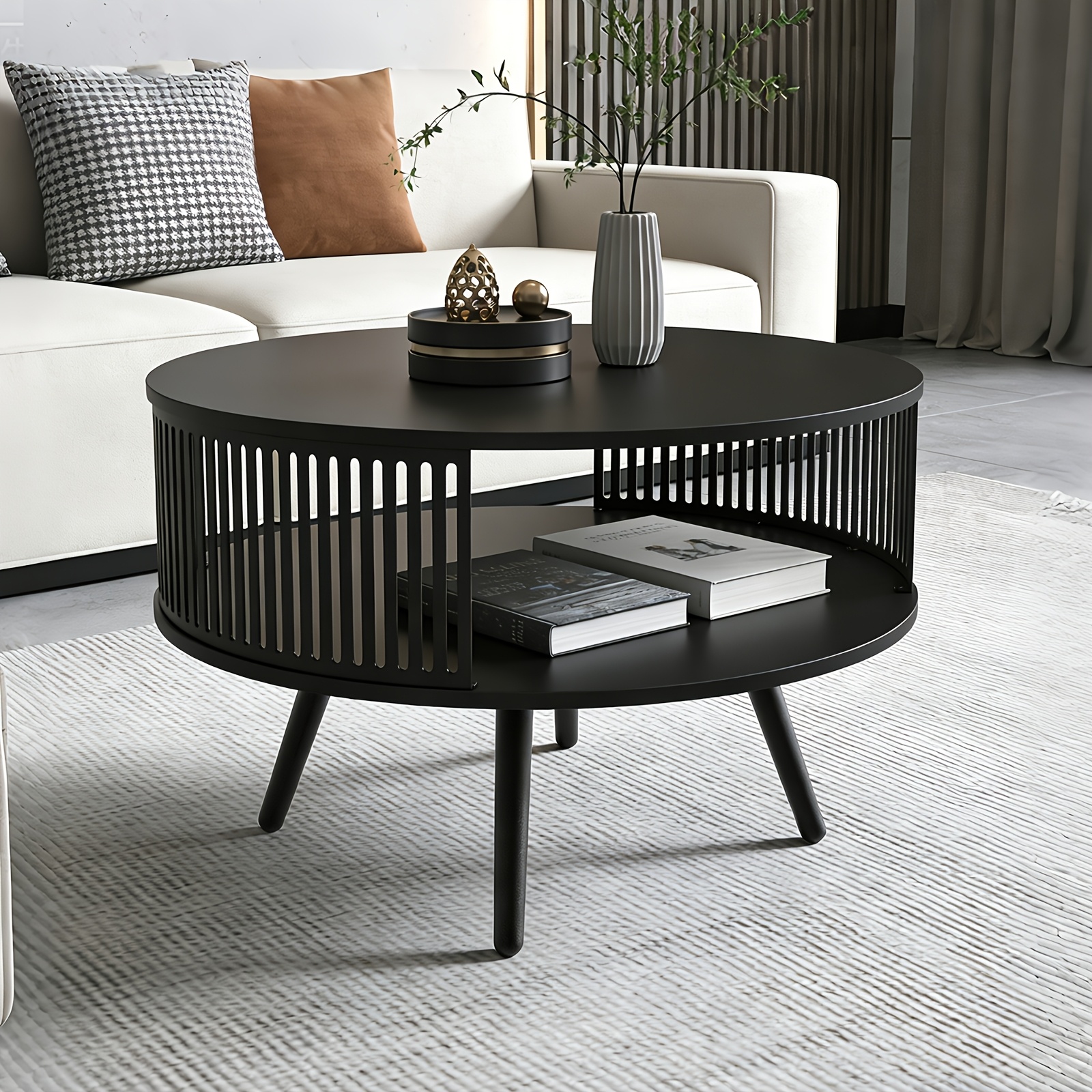 Black Double-layer Round Coffee Table Modern Minimalist Small Apartment Living Room Storage Side Table Nordic Style Wooden Leg Home Tea Table
