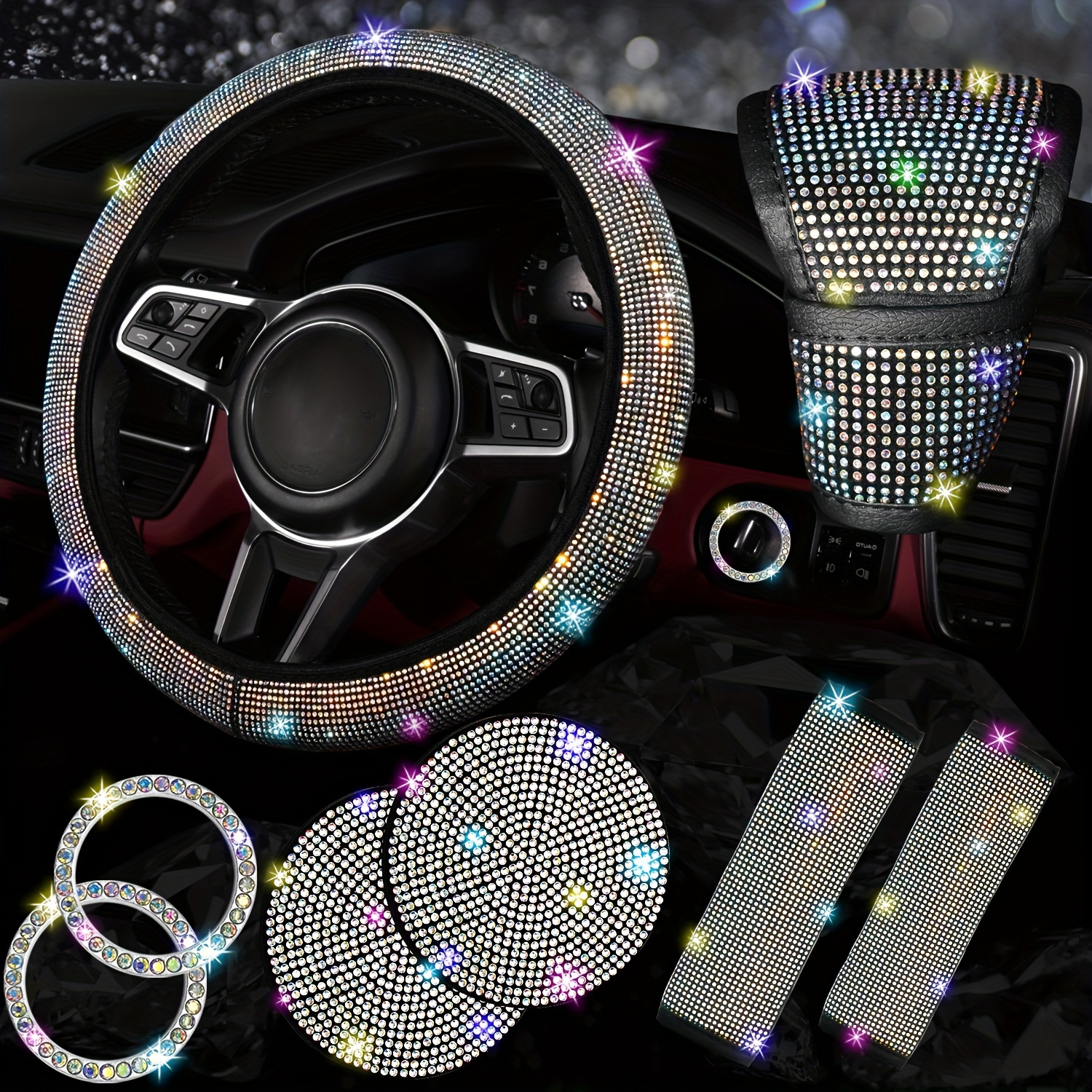 

8pcs Bling Car Accessory Set For Women - Includes Steering Wheel Cover, Coasters, Seat Belt Pads, Emblem Sticker & Gear Shift Cover, Shoulder Pads, Ring