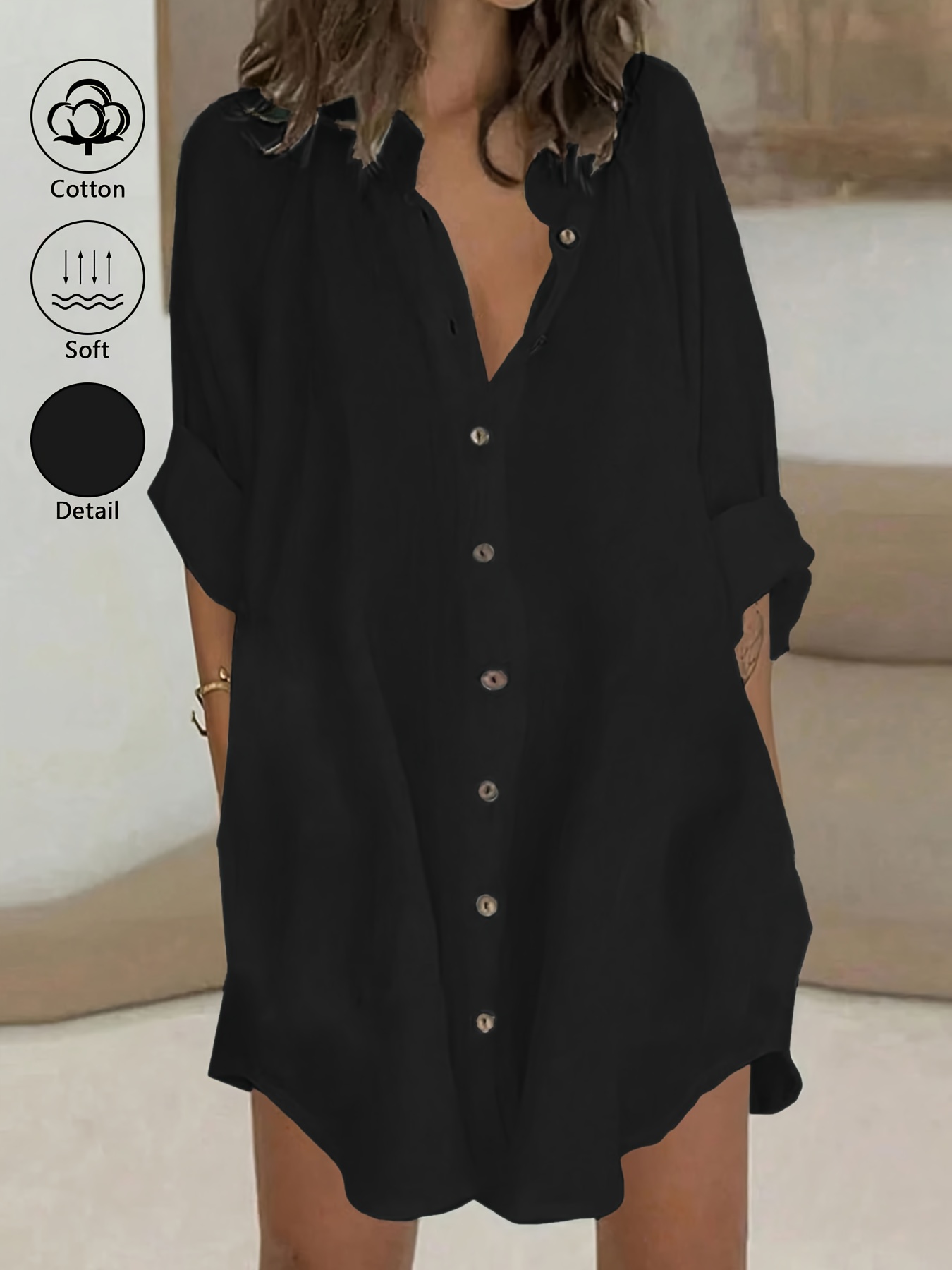 Women S Casual 100% Button- Collar Shirt Dress, Simple Solid Color Short Sleeve Mini Dress for Spring and Summer Workwear