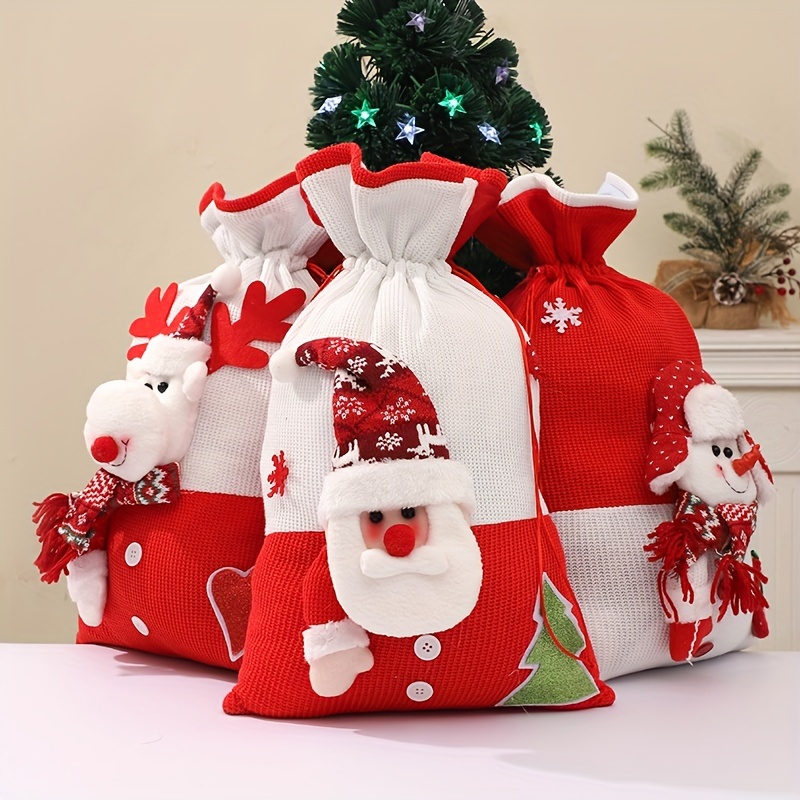 

Christmas Gift Bags Set - 1pc Large Knitted Santa, Reindeer, Snowman Drawstring Pouches 54x31cm - Essential Party & Holiday Decor Without Electricity Or Batteries - Featherless Storage Sacks