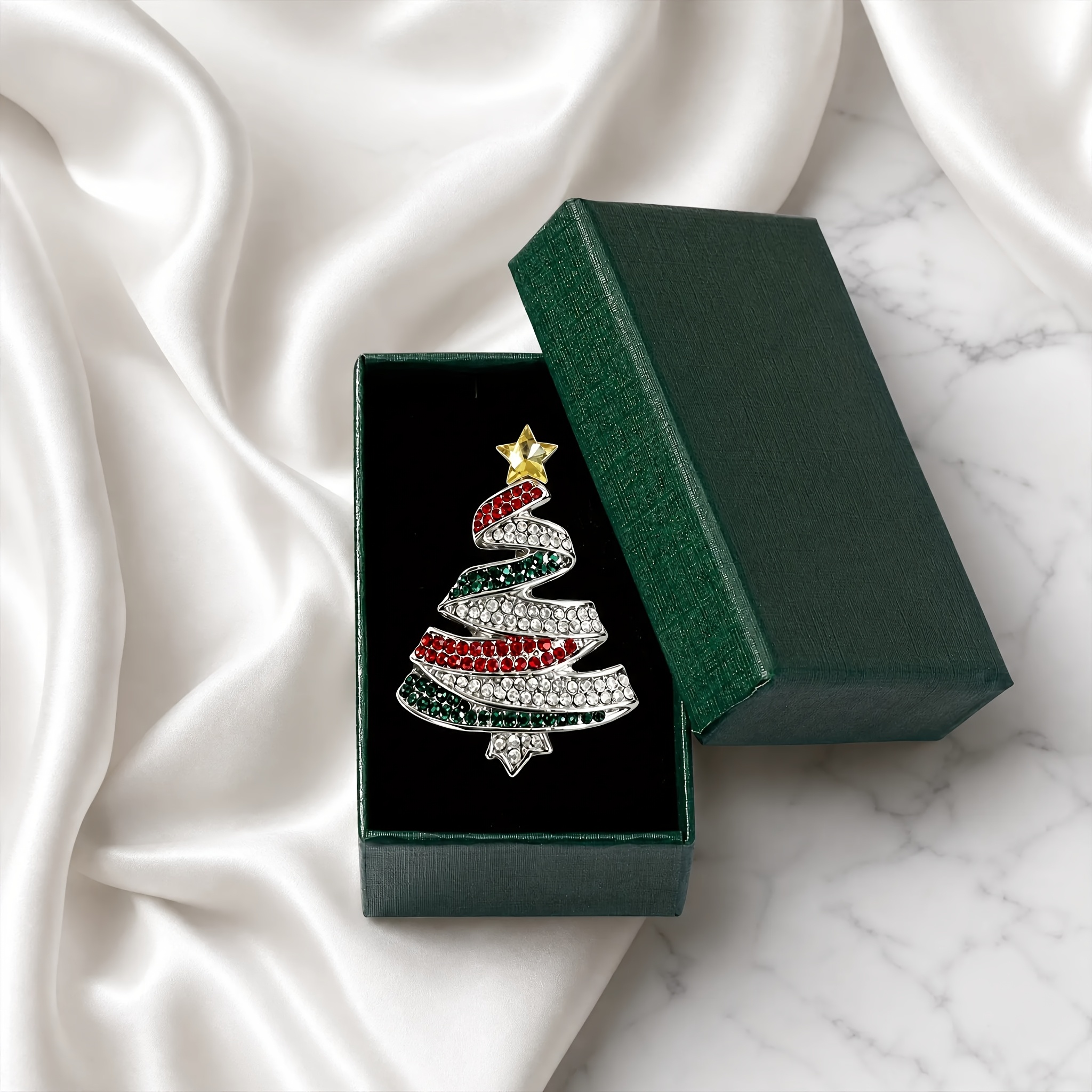 Christmas Tree Layered Ribbon & Rhinestone Pin Gift Box Set