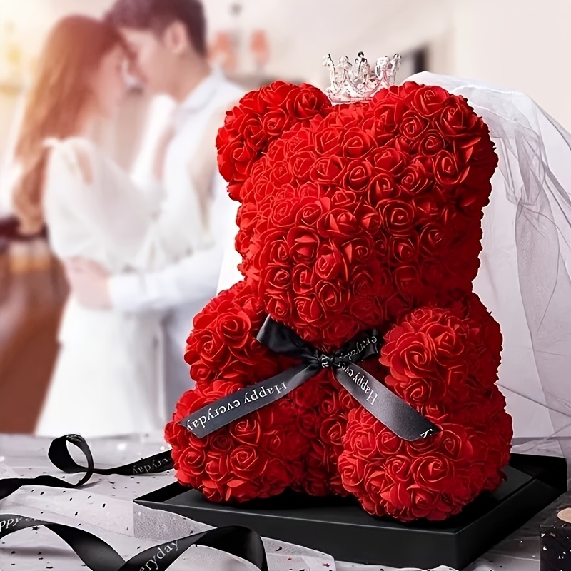 

1pc Romantic Bear With Elegant Ribbon - 9.84" Artificial Rose-shaped Teddy, Valentine's Day, Day, Christmas, Thanksgiving, Anniversaries | Includes Clear Gift Box, Bear Decor