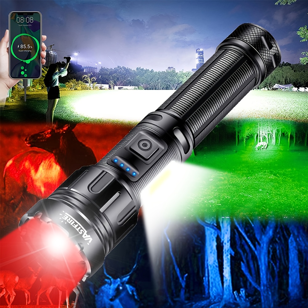 TEMU Lampe de poche tactique super lumineuse 4 couleurs en 1, haute puissance avec et zoom réglables - Idéale pour de nuit, la pêche et le camping -