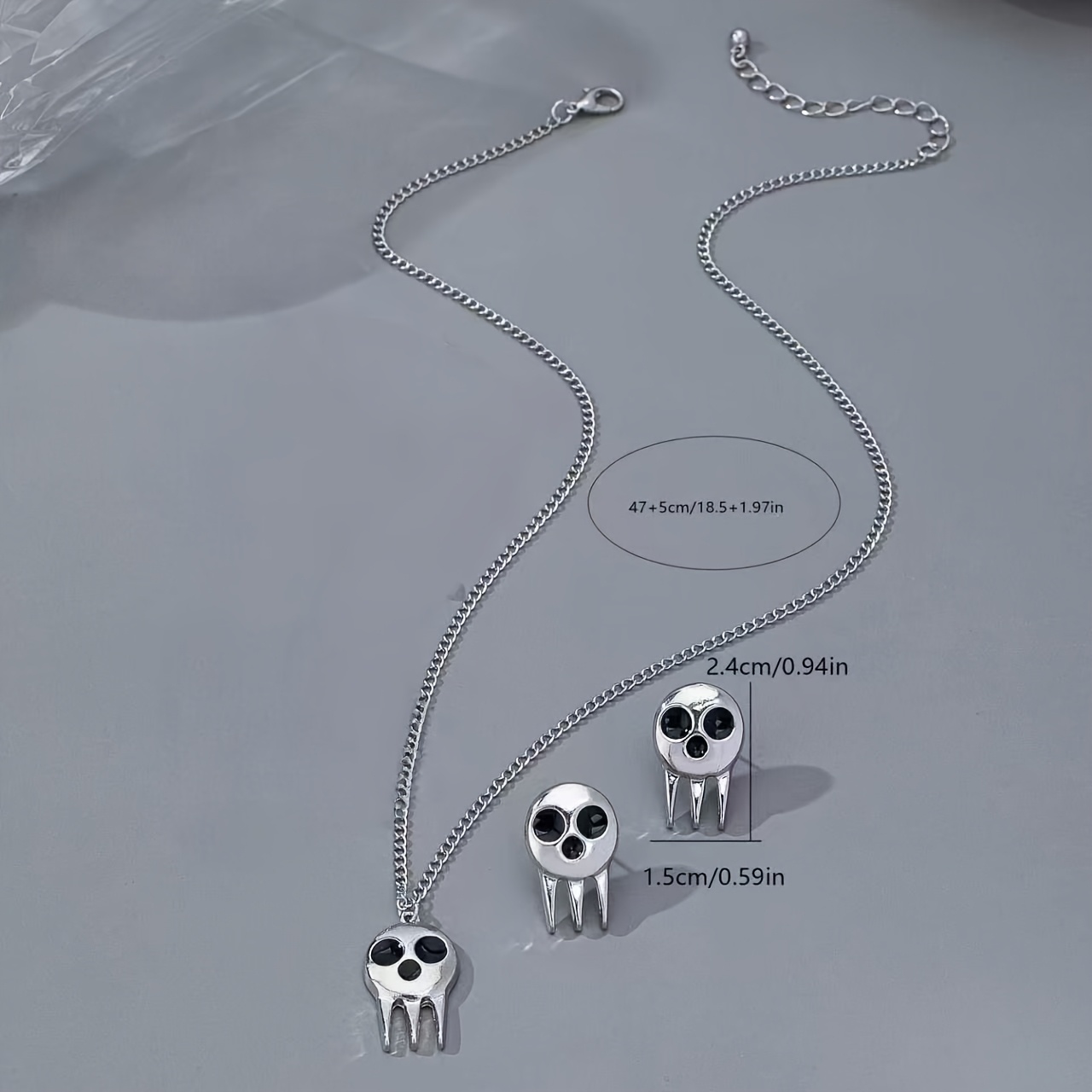 2pcs Skull Pendant Necklace and Stud Earrings Set, Hip-Hop Style