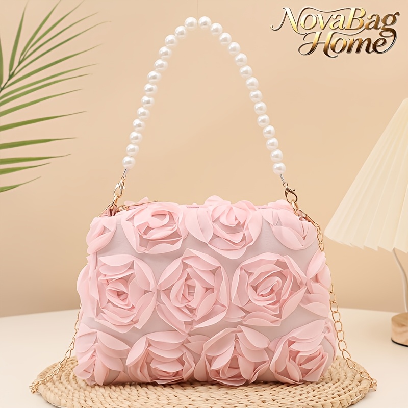 TEMU Novabaghome Women's /korean Style 3d Rose Flower Crossbody Bag With Detachable Chain Strap, Adjustable Shoulder Handbag & Clutch Purse, Nylon
