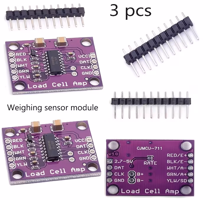 שלושה מודולי חיישן משקל hx711, תואמים לארדואינו ומיועדים למשקלים אלקטרוניים בדיוק גבוה, כולל לוח מודול קטן עם ממיר a/d 24 ביט הפועל בין 2.6 ל-5.5 וולט פרטי מוצר 0