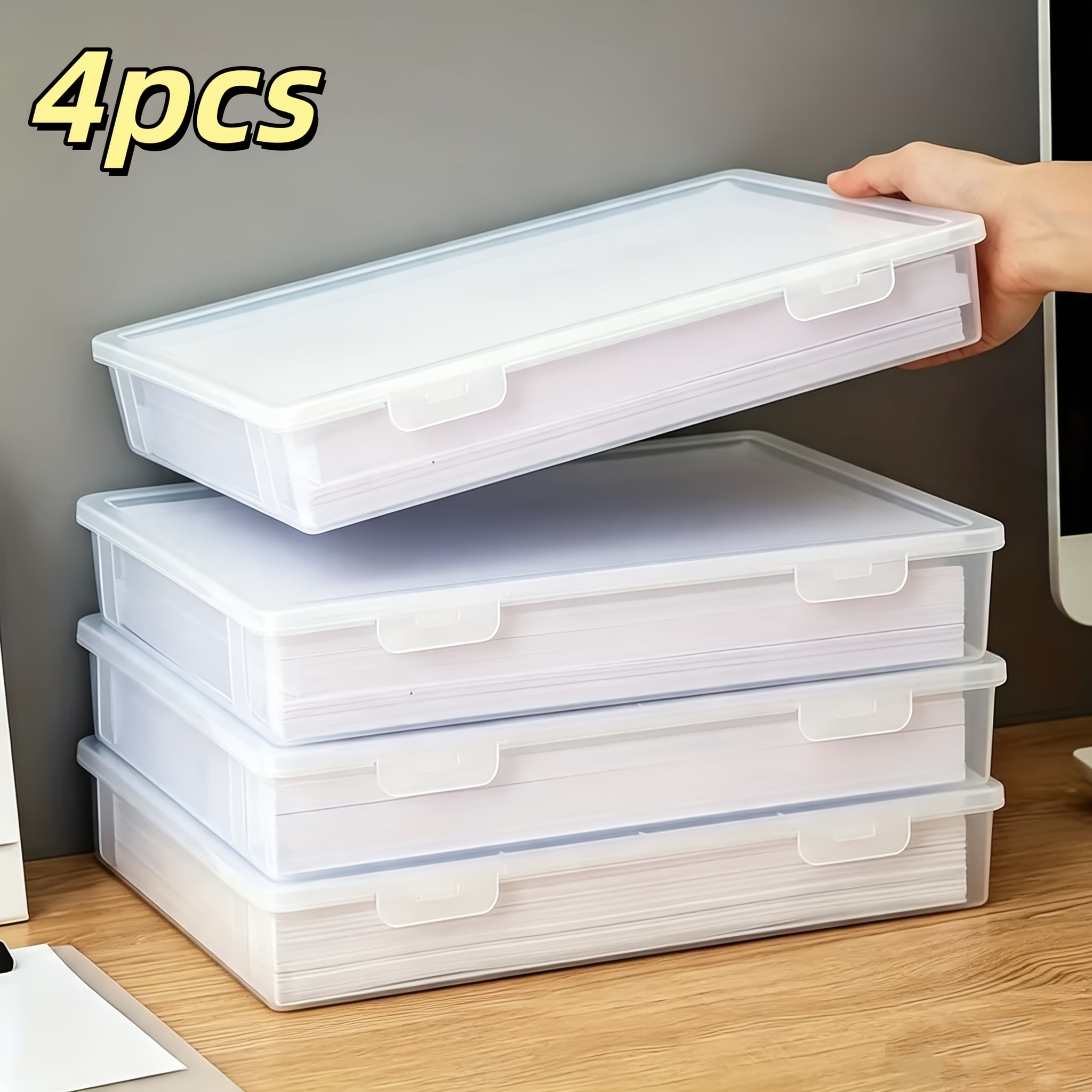 TEMU 4pcs [a4] Transparent Plastic Storage Boxes With Lids | Durable Rectangular Office Supplies, Art Supplies, Desktop Additions Organizer | Desktop