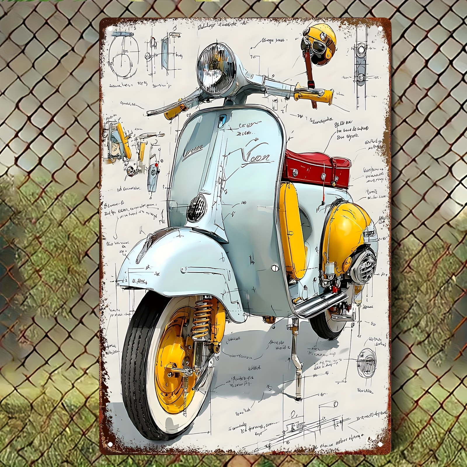 TEMU Targa con in ferro vintage 2D piatta, 1 pezzo | Pittura su latta vintage blu con moto, e decorazione con | 20*30cm/8*12 pollici | Adatta per