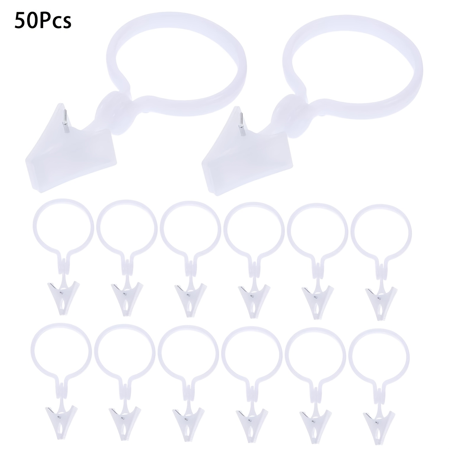 E-shop 50 Stück weiße Vorhangclips aus Kunststoff mit Ringen, Vorhanghaken Aufhänger Clips Ringe - Langlebig, einfach zu verwenden für Handtücher,
