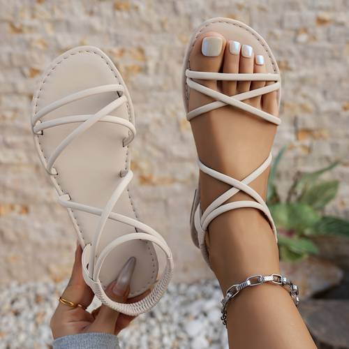 ladies simple fashionable versatile elastic ankle strap for outdoor beach vacation open toed flat sandals women shoes