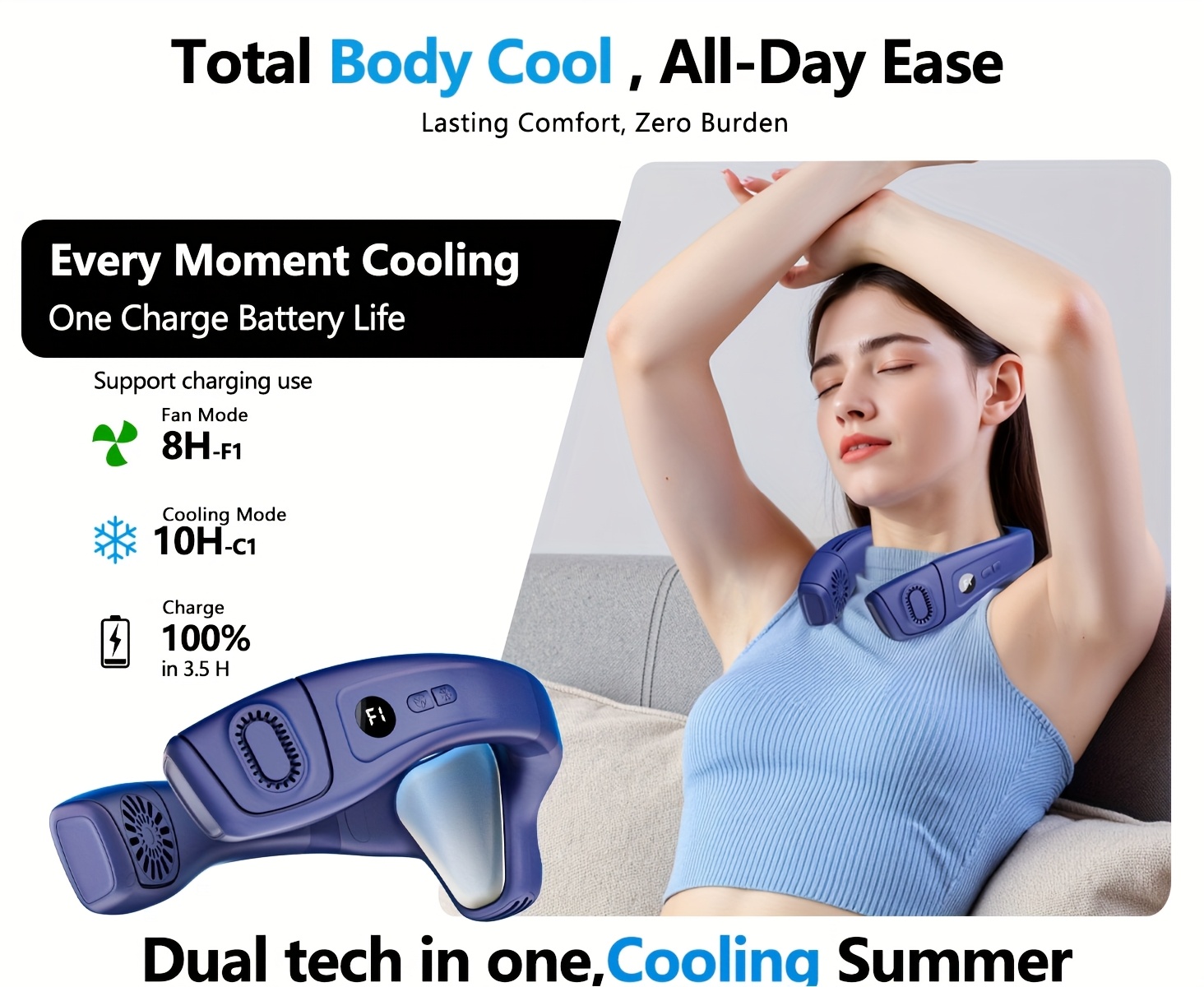 Upgraded 5200mAh neck air conditioner fan, ultra-light portable rechargeable neck fan, personal cooling device neck fan, cooling, 3-speed fan adjustable, LED digital hands-free fan suitable for kitchen, fitness, travel, camping, work | Fashion gift