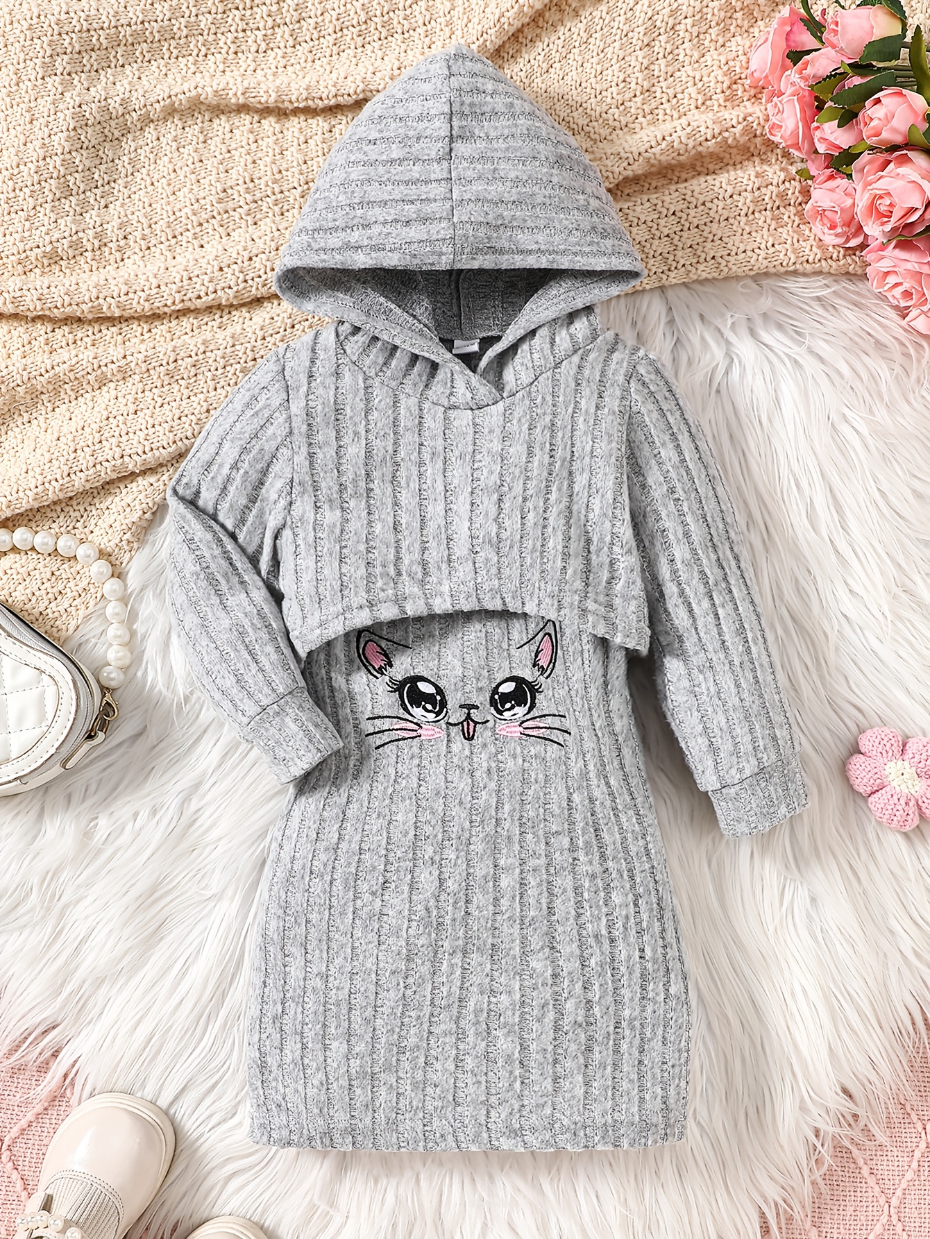 a cute and trendy two piece set for baby girls and toddlers featuring a hooded long sleeve top with ribbed stripes and a cat embroidered dress   outdoor activities and everyday wear making it an   gift   for girls on special occasions Product details 11