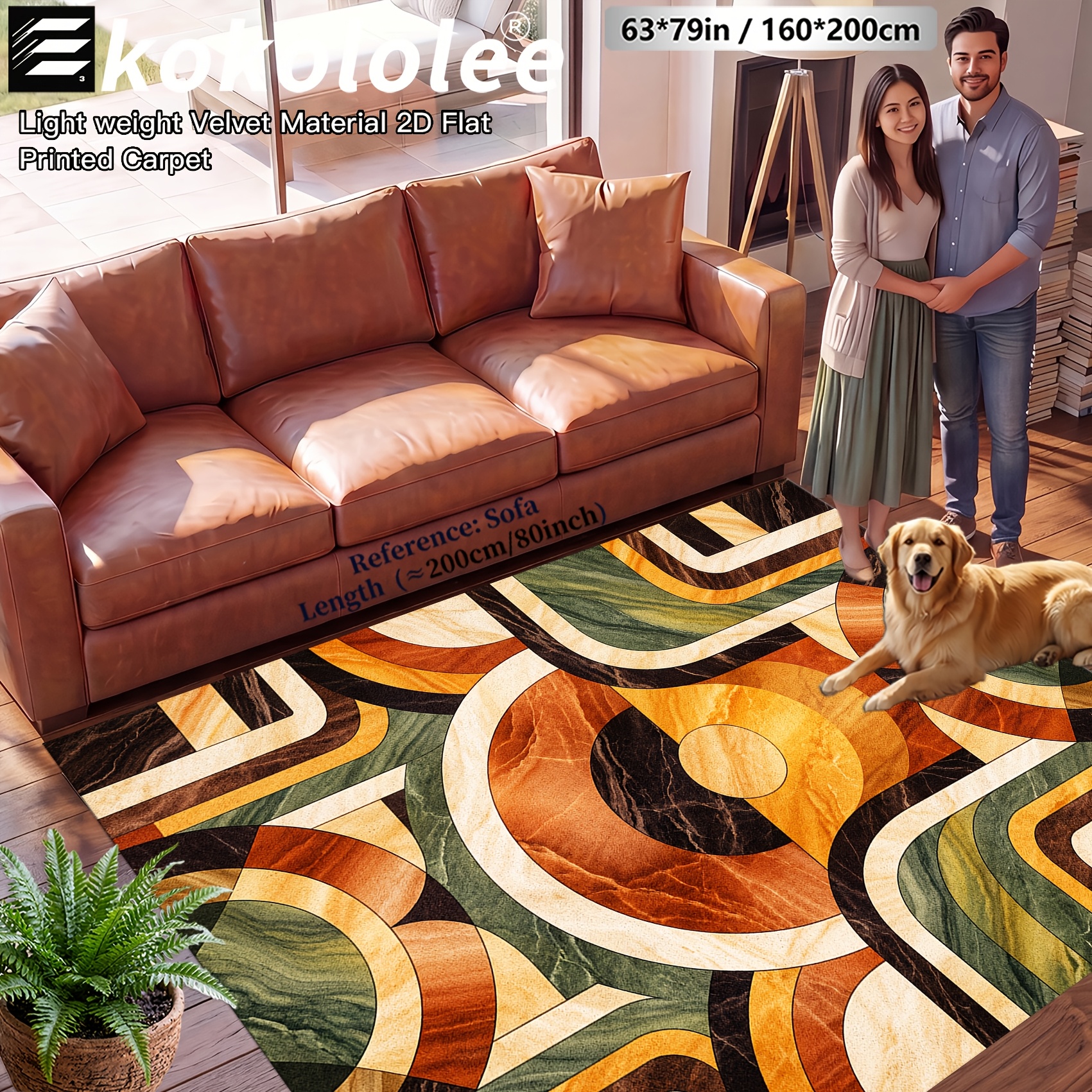 TEMU 1pc Kokololee Boho Area Rug Suitable For Living Room & Office, Vintage Geometric Boho Marble Texture With Retro Orange Green Brown Suitable For