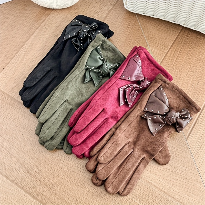 Bow Decor Thermal Gloves, Soft Warm Winter Gloves for Commuting