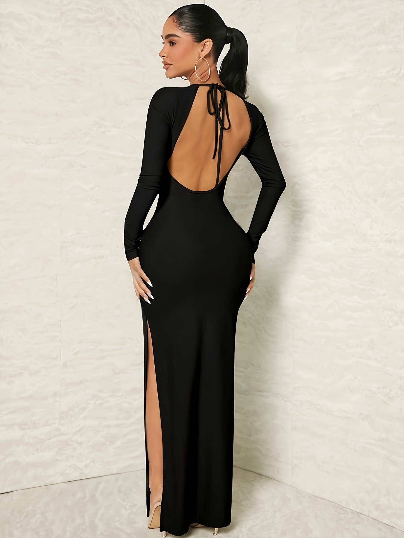 long sleeve backless dress, elegant bodycon solid maxi dress, women's  clothing - women's clothing - Temu