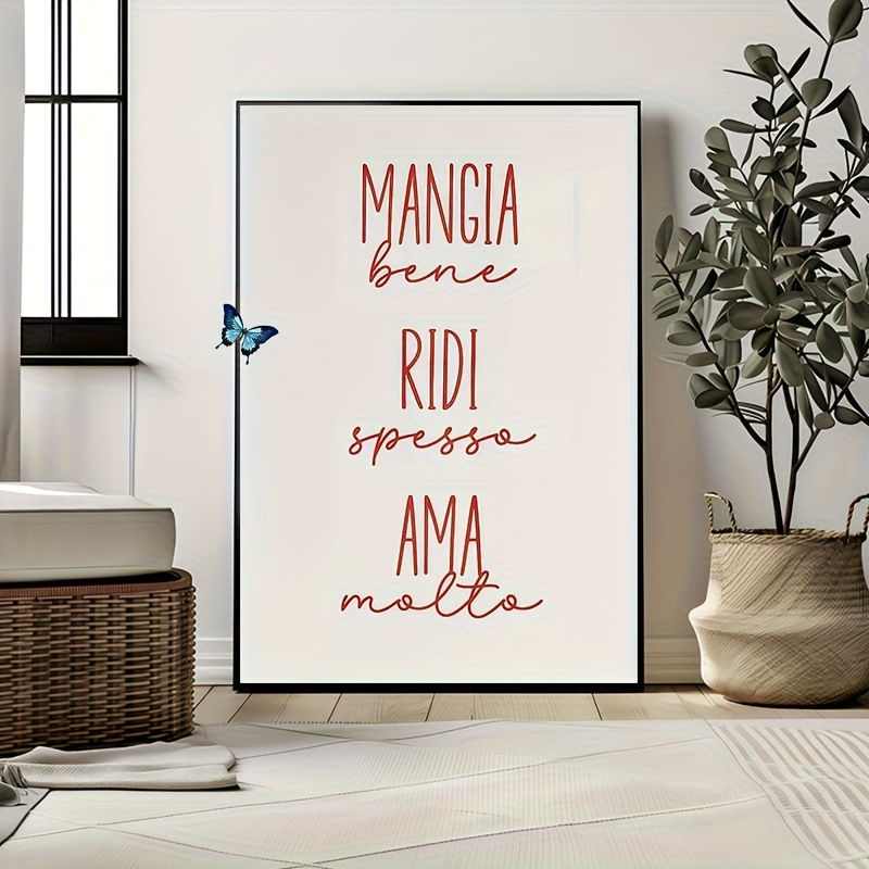 TEMU Poster 2D piatto, 2D piatto, con citazione italiana, decorativa in stile lifestyle , murale per cucina "Mangia Ridi Ama", adatta per soggiorno,