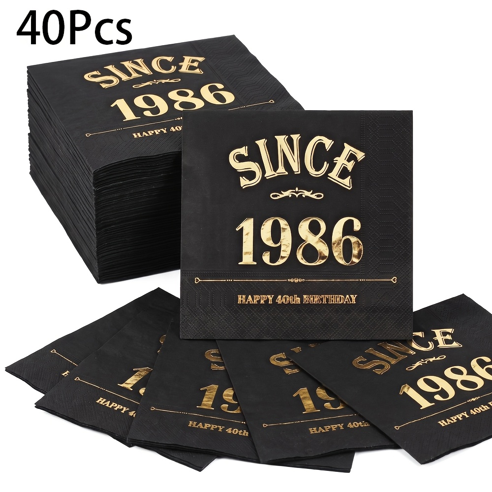 TEMU 40 Stück, "Happy 40th Birthday" Servietten, 2-lagig, 33 cm (13 Zoll) schwarz-goldene Vintage-Brief-Zeichen, Einweg-Papierservietten, Männer
