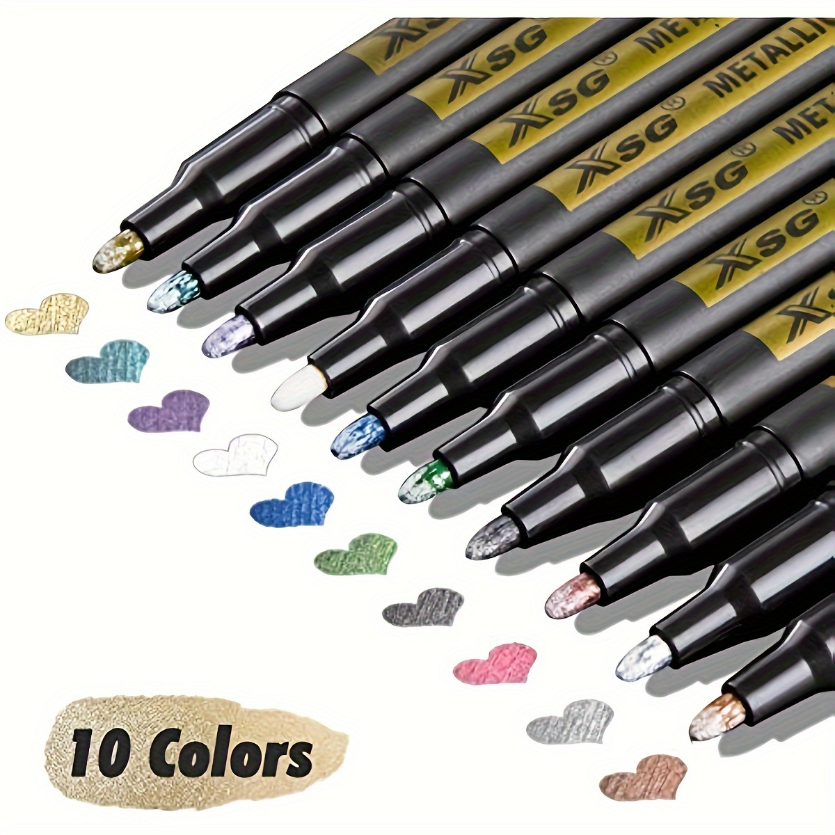 TEMU Xsg 10-color Fine Point Metallic Markers Set, Medium Point For Plastic, Black Paper, Rock Painting, Diy Photo Album, Scrapbook Crafts, Metal, Glass - Drawing, Painting, Marking Tools