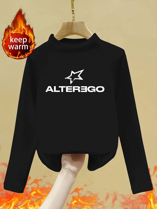 five pointed cartoon print girls autumn winter new double sided lined long sleeve t shirt thermal underwear temperature casual versatile base layer top childrens clothing cold semi high neck