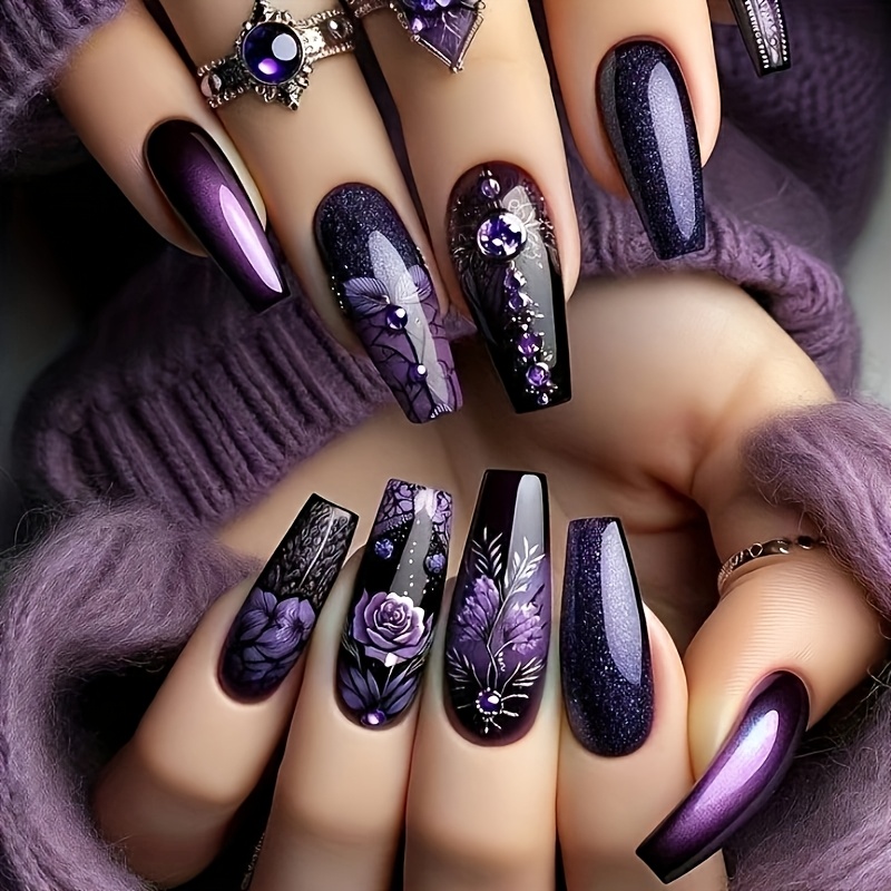 Instagram-style -border European And American Wearable Nails With Starry Sky Texture, Purple Rose Glossy Removable Nail Stickers, False Nails