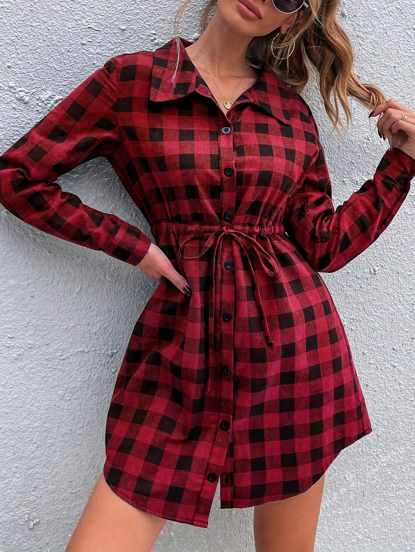 Chic Red Black Plaid Button-Up Shirt Dress for Women Elegant Long  Sleeve with Tie Waist, Casual Casual Attire, Polyester, No Stretch
