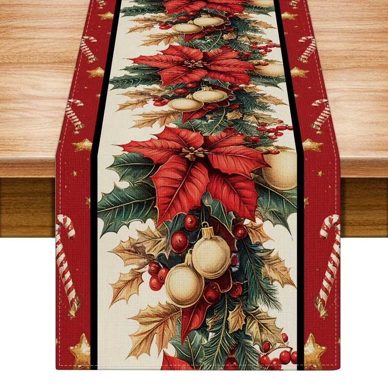 

1pc Christmas Table Runner, 100% Polyester Knit Fabric, Square Shape With Floral And Design, Holiday Decor For Celebrations