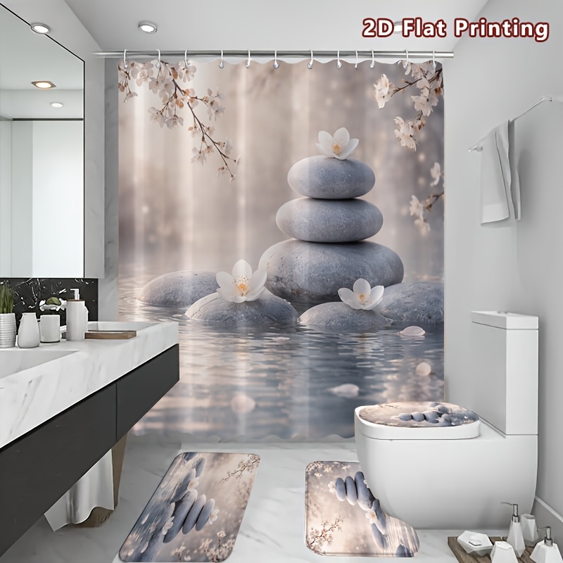 4pcs Zen Sakura Shower Curtain Set with Bath Mat