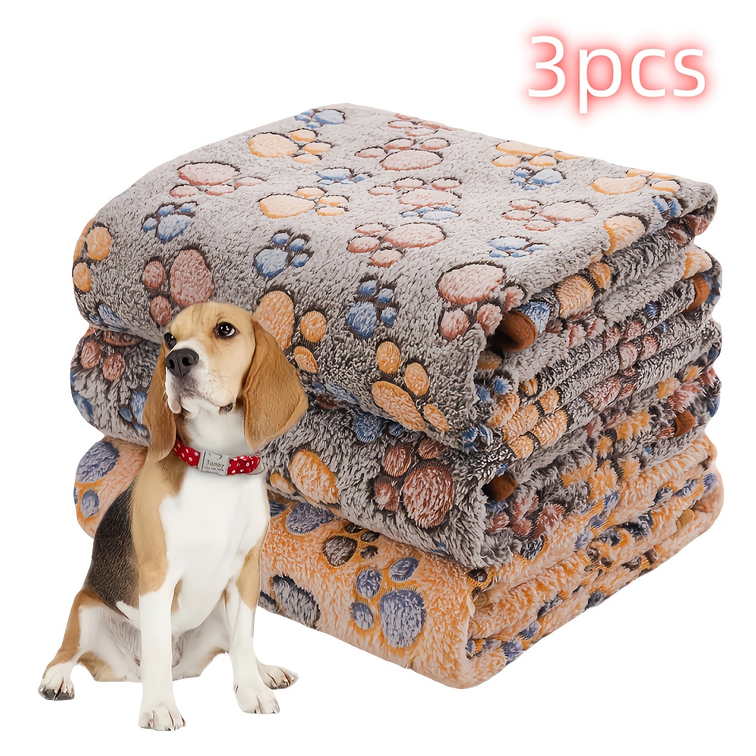 

3pcs Ultra- Fleece Dog Blankets With Paw - Dual-sided, Pet Bed Mats For Small To Large Breeds