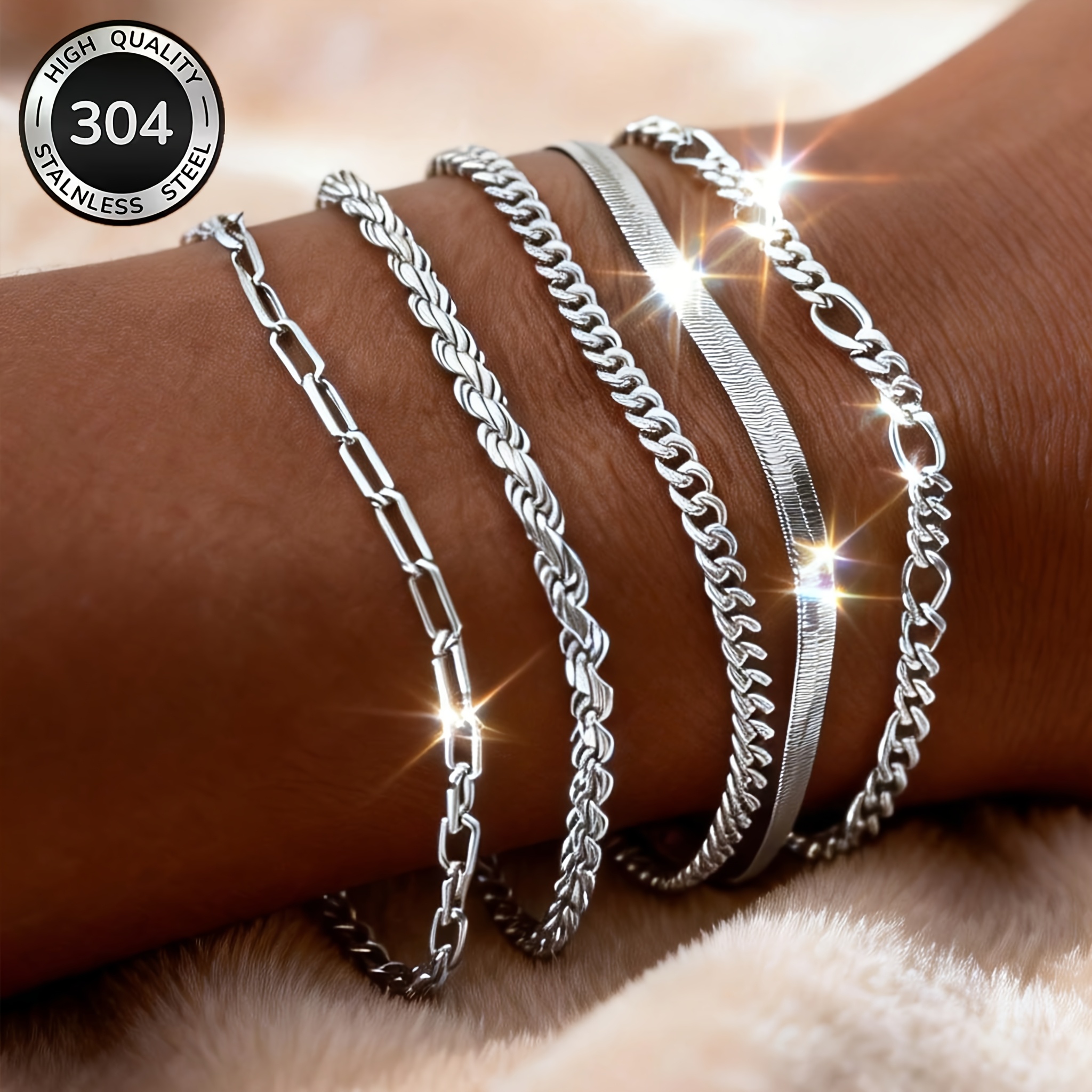 Image of 5pcs Women' Steel Chain Bracelet Set, Fashionable Snake Cuban Link Stackable Bangle Bracelets, 304 Steel Hypoallergenic Non-fading Wristbands, Jewelry Gift For, Mother's Day, Valentine's Day