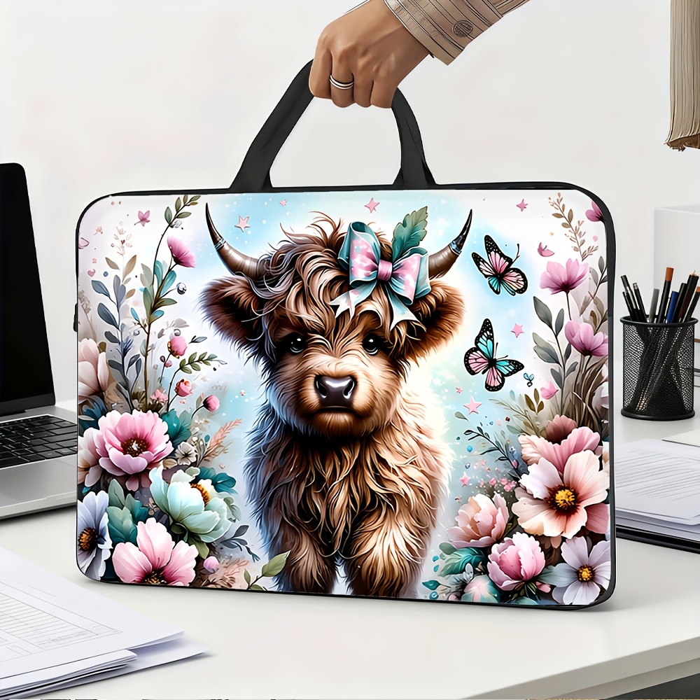 TEMU [2d Flat] 1pc Double-sided Printed Laptop Handbag, Floral Bow Highland Cow Star Pattern, Unisex Briefcase, Lightweight Bag, Trendy And Popular