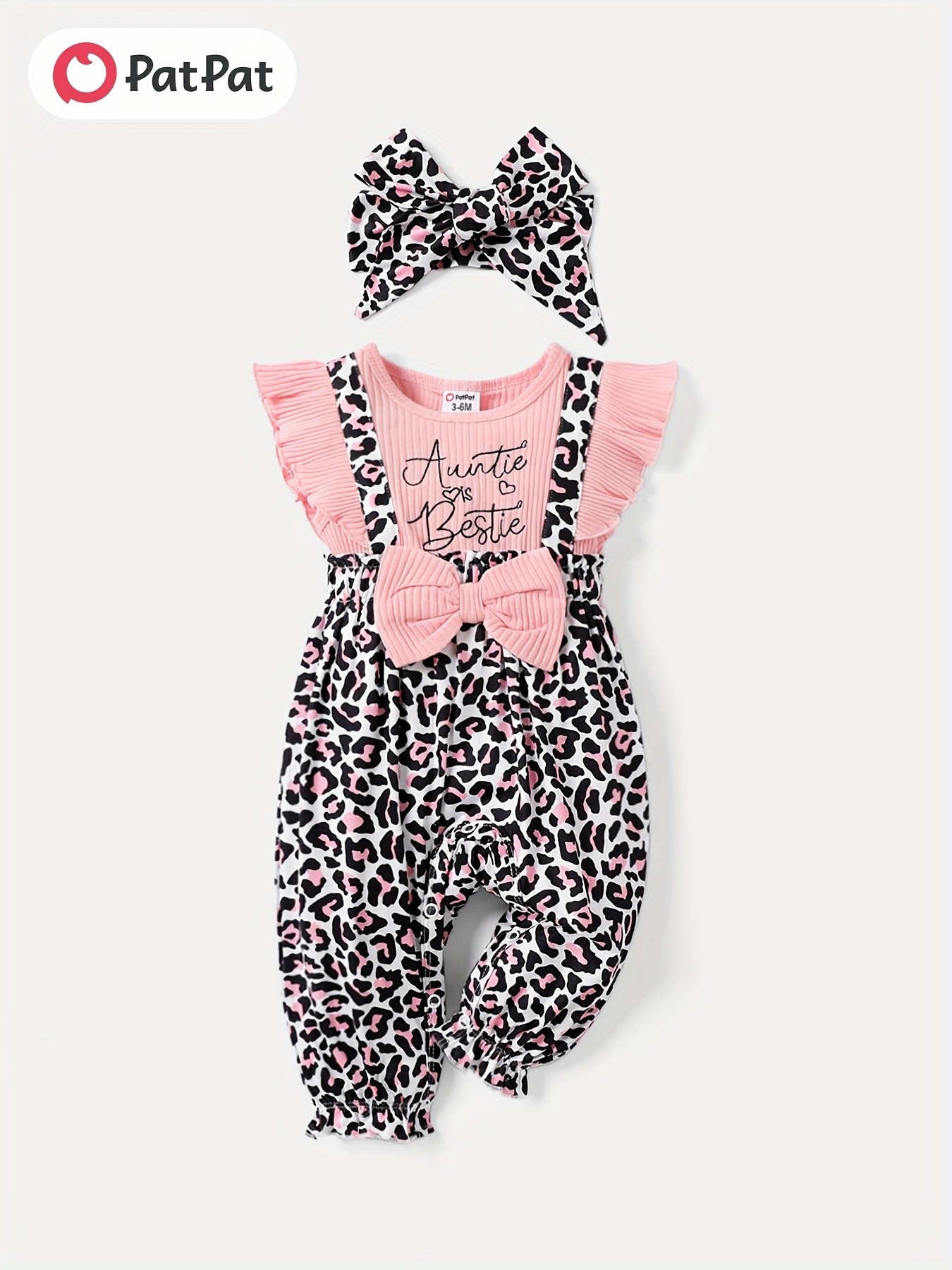 2pcs Baby Girl Floral Print Leopard Long-sleeve Faux-two Splicing Pink Lace Ruffle Bell Bottom Jumpsuit with Headband Set
