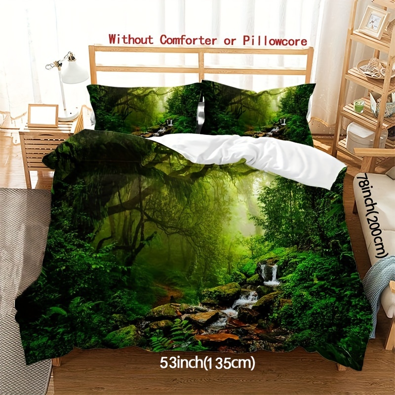 Image of Duvet Cover, Green Background Forest Series Bedding Suitable For Decoration, Duvet Cover Down Duvet Cover 3pcs Set, 2 Pillowcases And 1 Duvet Cover (without Core) 100% Microfiber