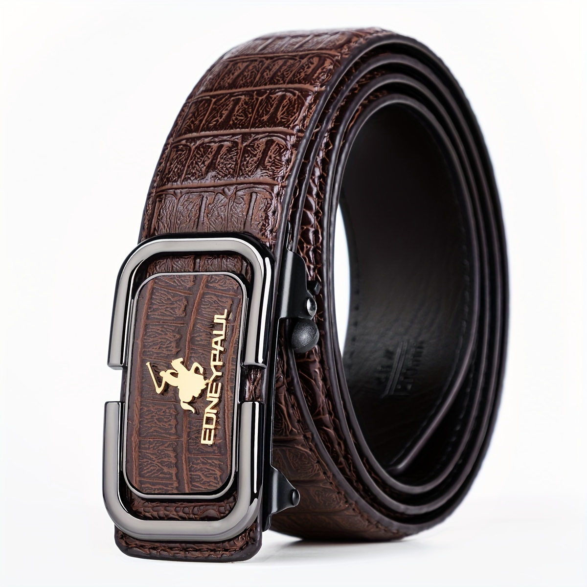 

Edney 's Leather Belt With Automatic Buckle - Black, Business Style, Non-washable, With Silver-tone Alloy Buckle And Textured Design