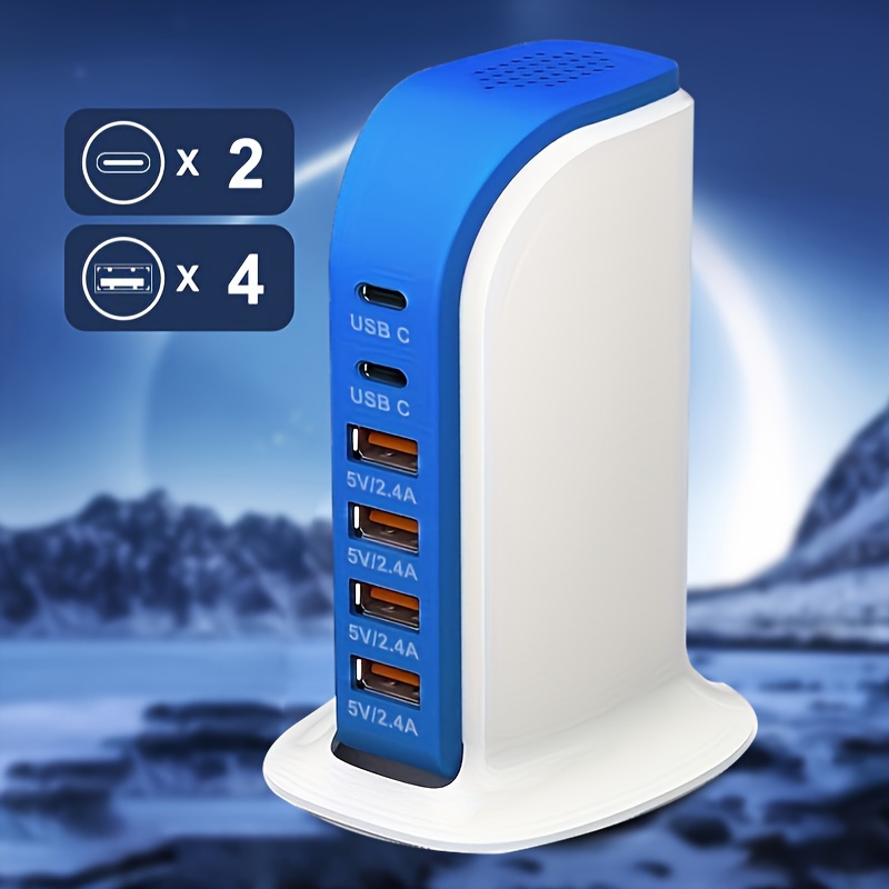 

2024 Usb Wall Charger Multi Port Tower, 40w 6-port Multi Usb Charging Station, 4 Colors To Meet Different Choices, Suitable For Multi Device Usb Charging Station Of Type-c Smartphones And Tablets
