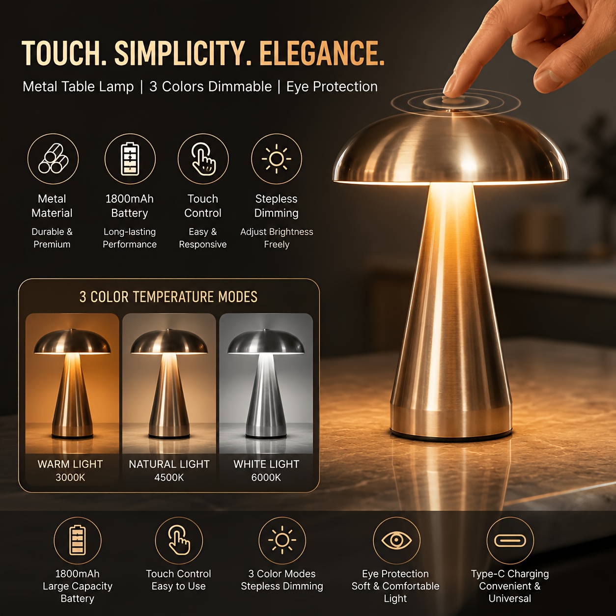 Metal Mushroom Table Lamp with Touch Control