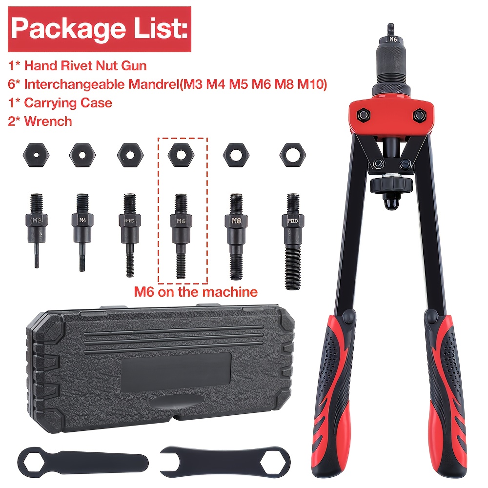 E-shop Nietenmutter Werkzeug, Professionelles Hand-Nietenmutter-Set, inklusive 6 M3 M4 M5 M6 M8 M10 & Tragetasche, Arbeitssparendes und kompaktes