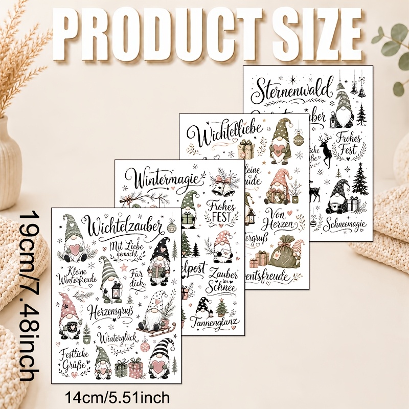 TEMU 4pcs Winter Gnome Elf Transfer Paper Suitable For Mugs, Phone Cases, Car Decor - -drawn Nordic Vinyl With Wax/, Diy For Glass Cups, Ceramic,