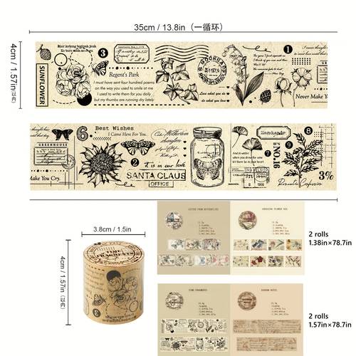 4 rollos - juego de cinta washi vintage cortada a : 2 rollos 1.38in×78.7in + 2 rollos 1.57in×78.7in, papel adhesivo decorativo para scrapbooking, journaling, manualidades y envoltura de regalos – diseños elegantes en estilos para proyectos diy & suministros artísticos