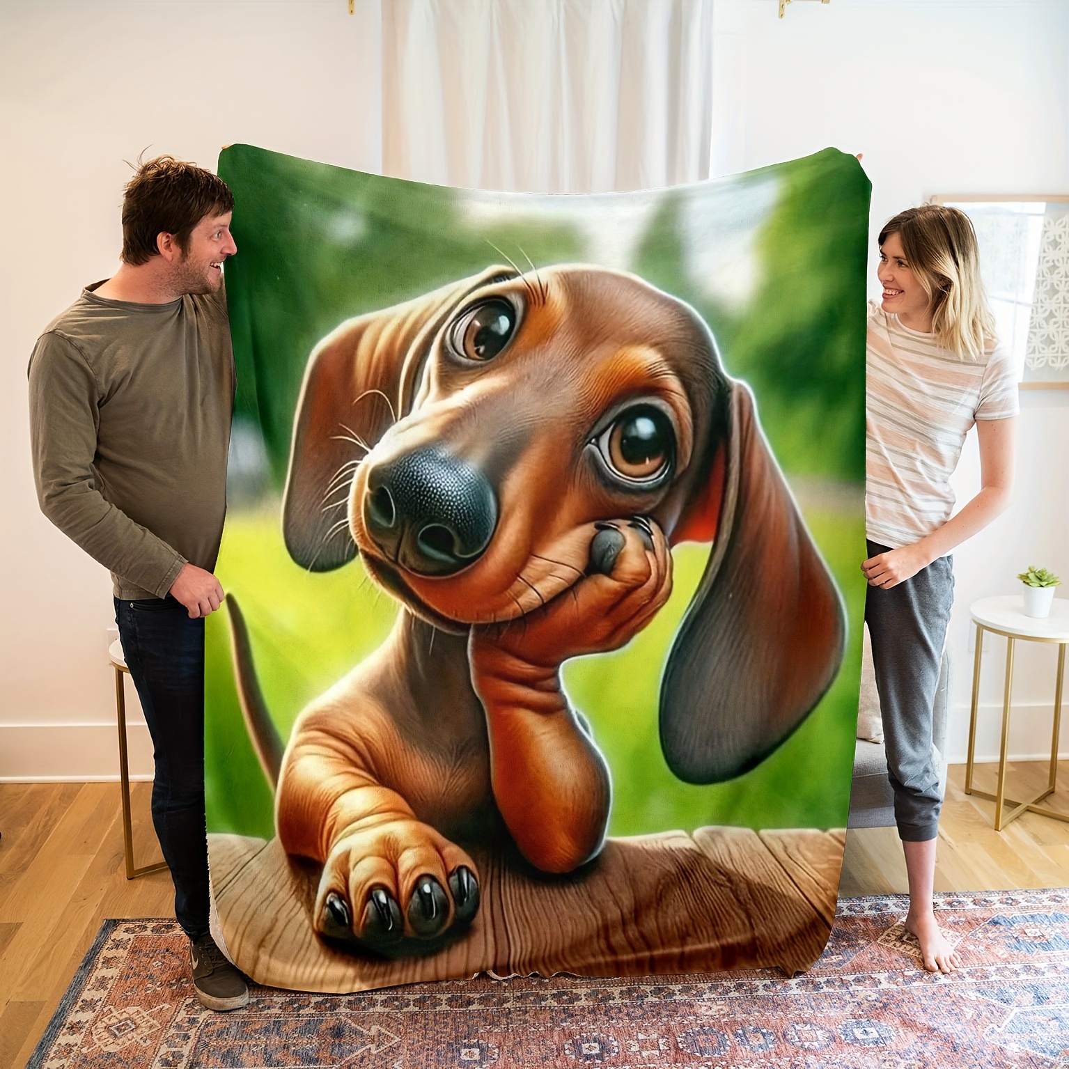 TEMU Adorable Cartoon Dachshund Throw Blanket - Contemporary Style, Geometric-patterned, Hypoallergenic, Knitted Polyester, , Multipurpose Cartoon Theme Bedding With Special Features