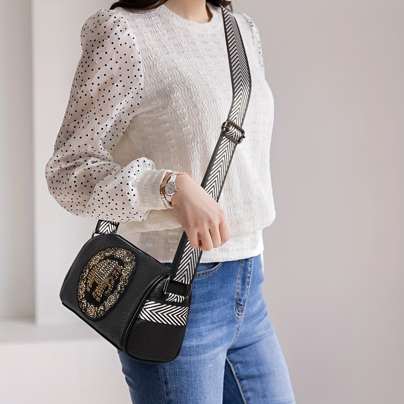 womens fashion shoulder bag trendy boston crossbody bag with geometric pattern strap elegant all pu leather handbag details 2