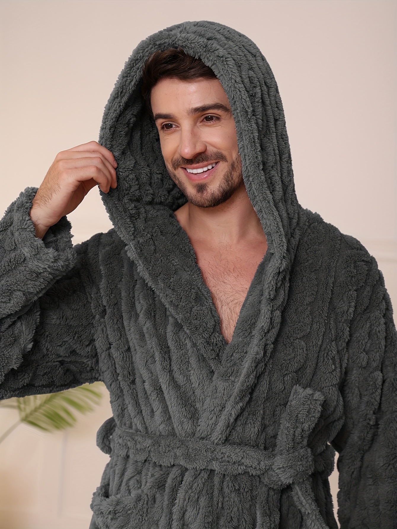Fleece Bathrobe Plush Mens Winter Robe With Hood Mens Fleece - Main Image