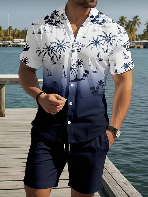 mens summer palm tree print collared shirt set comfortable short sleeve with drawstring pocket shorts new casual loose round neck t shirt essential for spring and summer daily wear