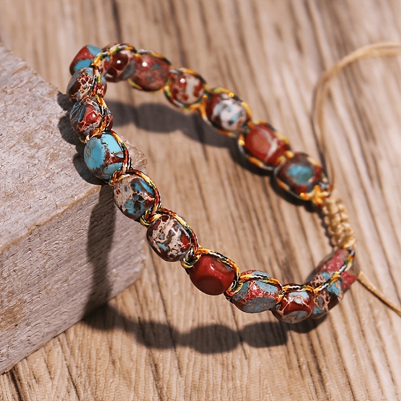 TEMU Bracelet Bohème Rouge Bleu Multicolore en Naturelle, Ajustable, , avec Fil de Couleur et Perles