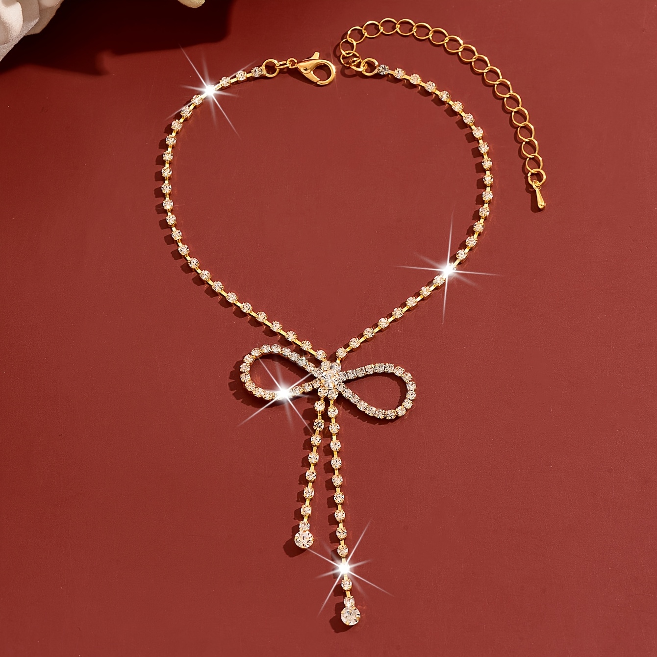 Light Luxury Copper Bow Glass Tennis Anklet with Rhinestone