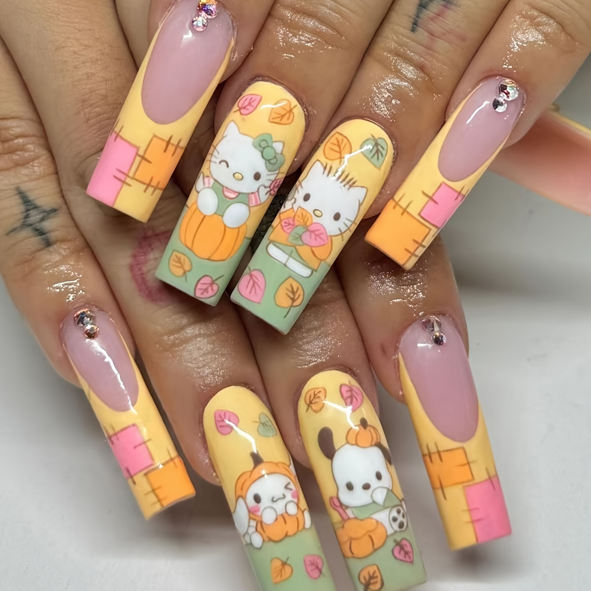 

24pcs Set Of Long Fake Nails In Of Water Pipes, Cute Cartoon Patterns Of Cats, Dogs, Etc. Sweet Acrylic Fake Nails, Nail Tips For Women And Girls, With Jelly Glue And Filing Strips As Gifts