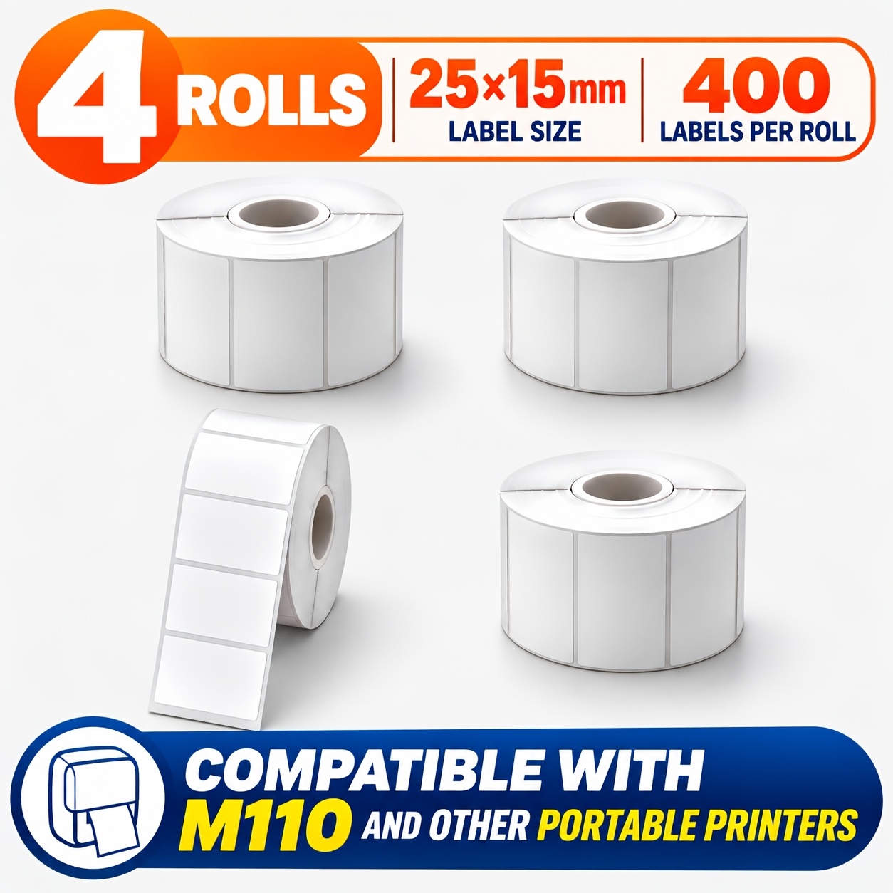 TEMU 4 Rolls Self-adhesive Oil-proof White Thermal Labels, 25 X 15mm/400pcs, Suitable For Office And Home Use, Compatible With