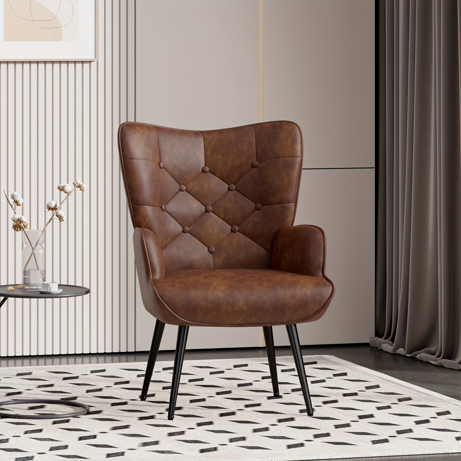 Image of Mid Century Chair, Velvet Accent Chair, Tufted Button High Back Reading Chair, Upholstered Wingback Armchair With Metal Legs, High Chair For Living Room Bedroom